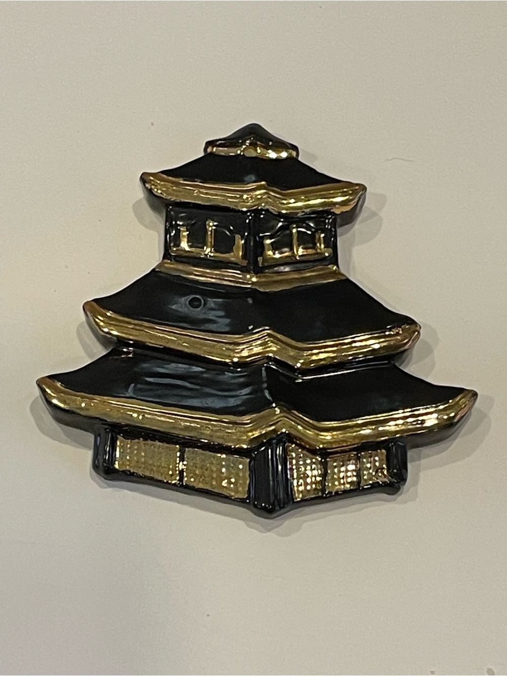 Asian Temple Black & Gold Painted Glazed Ceramic Ornament #9239